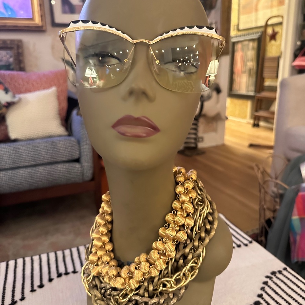 Chic Gold, Black  and White Women's Alexander McQueen Cat Eye Sunglasses